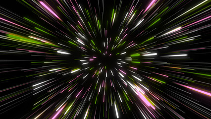 Poster - Abstract Light Speed Background with White Green and Pink Streaks on Black This image features