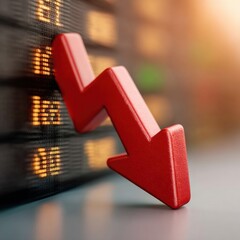 Aufkleber - Dramatic Red Arrow Decline Over Blurred Stock Ticker Board Symbolizing Financial Crisis and Market Risk for Business and Marketing Use