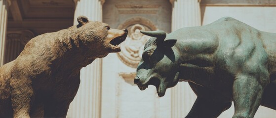 Poster - Market Capitalization Bull and Bear Statues Battling Outside Financial Building with Stone Columns Symbolizing Volatility and Business Innovation Trends