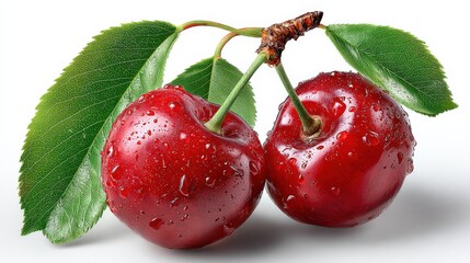 Aufkleber - Fresh ripe cherries with water droplets on smooth skin and green leaves on a white background, close-up macro shot of summer fruit