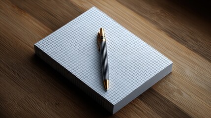 Poster - A neatly stacked pile of white graph paper notebooks with a gold and black pen placed on top on a wooden desk surface for writing or note taking