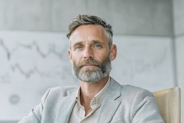 Poster - Confident mature businessman in modern office with crypto charts background symbolizing leadership, finance consulting, and digital asset management