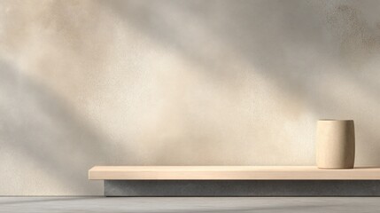 Aufkleber - Minimalist beige ceramic cup on simple floating wooden shelf against textured concrete wall with soft natural lighting