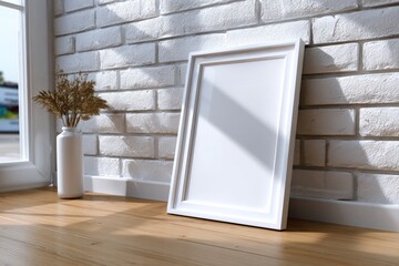 Aufkleber - Minimalist White Picture Frame Leaning Against a White Painted Brick Wall on a Wooden Floor with a Vase of Dried Flowers Nearby