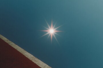 Aufkleber - Minimalist Cosmic Sun Flare with Sharp Lens Effect over Blue Sky and Geometric Red Surface, Contemporary Digital Aesthetic for Modern Visual Art and Design