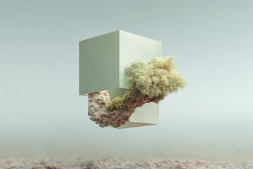 Poster - Abstract Floating Cube with Organic Growth Elements in Minimalist Style for Sustainable Tech Branding and Modern Innovation Concepts