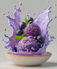 Aufkleber - Delicious blueberry and purple ice cream scoops with fresh berries and mint leaves splashing into a bowl on a plain background