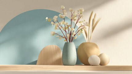 Aufkleber - Minimalist Still Life of Modern Decor with Vases and Natural Elements Against Pastel Colored Background Wall