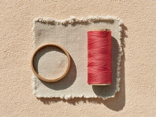 Aufkleber - Circular Economy Repair Concept with Red Sashiko Thread and Needle on Natural Linen Fabric for Sustainable Fashion and Textile Innovation