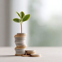 Poster - Sustainable Capital Growth Concept with Small Plant Sprout on Stacked Coins Symbolizing Wealth Preservation and Future Investment Opportunities