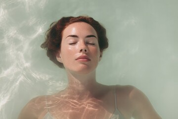 Aufkleber - Serene Woman Floating Weightlessly in Clear Pool Water with Calm Expression for Wellness and Summer Leisure Marketing