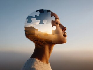 Poster - Calm Mindset Human Silhouette with Puzzle Pieces Overlaid by Natural Landscape, Symbolizing Mental Growth and Inner Peace for Wellness Brands