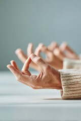 Poster - Mindful Business Team Practicing Lotus Pose Meditation at Office Table for Corporate Wellness and Collective Calm Focus