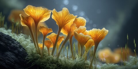 Aufkleber - Vibrant yellow-orange mushrooms growing on mossy forest floor with blurred natural background and soft sunlight shining through trees