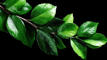 Poster - Close-up of fresh vibrant green leaves covered with water droplets on a black background, showcasing natural foliage and botanical freshness