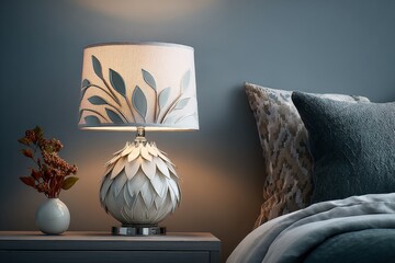 Poster - Elegant bedroom with decorative table lamp, textured pillows, cozy bedding, and stylish bedside table creating a relaxing atmosphere