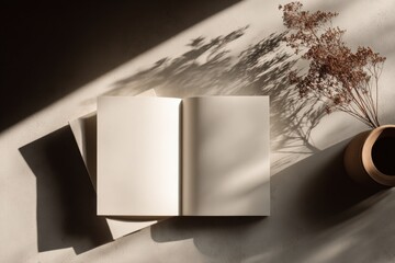 Poster - Open blank notebook with elegant shadow effects on a smooth surface next to a small brown vase with dried flowers, minimalistic flat lay style