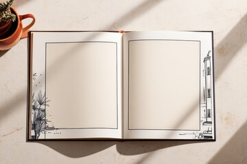 Poster - Open empty sketchbook with lined pages on a light surface with a potted plant in corner and subtle shadow light background