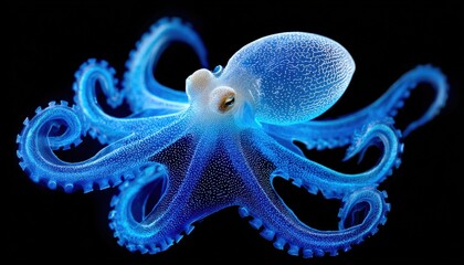 Poster - HighResolution Digital Illustration of a Vibrant Blue Octopus with Curled Tentacles and Bioluminescent Effects on a Dark Background