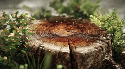 Aufkleber - Close-up of a weathered ancient tree stump with visible growth s surrounded by lush green plants in a vibrant garden setting du daytime