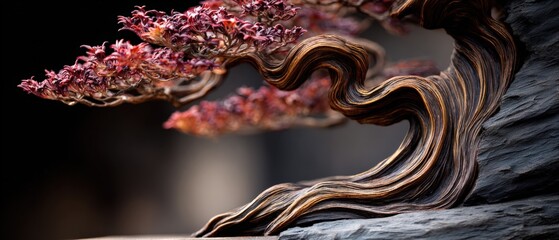 Aufkleber - Intricate twisted bonsai tree with vibrant pink foliage growing on rugged dark rock surface artistic natural landscape close-up image
