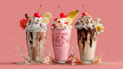 Poster - Assorted Milkshakes with Fruits Cookies and Flowers on Pink Background with Splash Effect for Refreshing Dessert Drink Concept