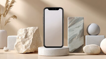 Aufkleber - Modern smartphone with sleek black frame standing on a round marble base amidst decorative stones and geometric shapes, minimalist interior design
