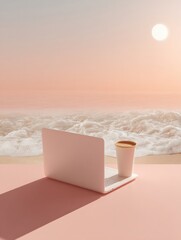 Aufkleber - Serene pastel laptop and coffee on beach with ocean waves at sunrise, modern work from anywhere concept, soft natural light and tranquil coastal office vibe