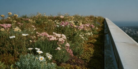 Poster - Sustainable Rooftop Solar Garden with Wildflowers and Bees in Morning Light Overlook Coastal City - Eco-Friendly Urban Green Space for Clean Energy