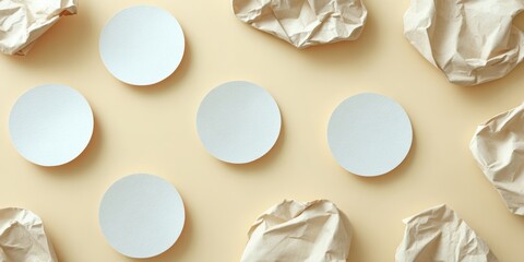 Aufkleber - Vintage Style White Circle Stickers with Page Curl Detail on Wrinkled Paper Surface for Custom Branding and Label Design in Modern Packaging Trends
