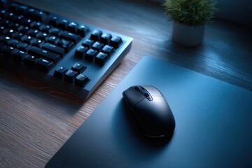 Aufkleber - Modern desktop workspace with wireless mouse keyboard and mouse pad on wooden table illuminated by soft blue lighting for productivity