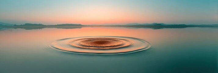 Poster - Serene Outdoor Wellness Scene with Sound Healing Ripples on Still Lake at Sunrise - Mindfulness and Calm Nature Therapy Concept