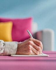 Poster - Location Independent Man Writing Notes in Modern Colorful Home Office with Bold Geometric Design and Bright Primary Palette for Remote Work