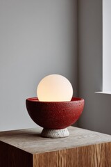 Poster - Modern minimalist spherical table lamp glowing softly on a wooden surface in a contemporary interior with natural daylight