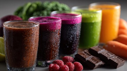 Poster - Assorted healthy fruit and vegetable smoothies in tall glasses with fresh ingredients and dark chocolate pieces on a vibrant background