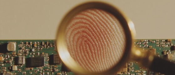 Fototapete - Warm Cozy Digital Forensics Concept with Magnifying Glass on Fingerprint over Circuit Board Cybersecurity Threat Analysis in Earthy Tones with Soft Lamplight