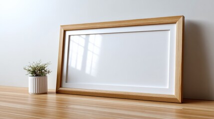 Poster - Empty Wooden Frame with White Background on Wooden Surface Next to Small Potted Plant in Minimalist Modern Interior Design Setting