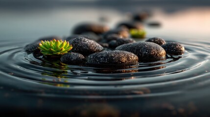 Poster - Serene Zen Garden Scene with Smooth Black Stones Green Plant and Gentle Water Ripples Reflecting Calmness and Tranquility