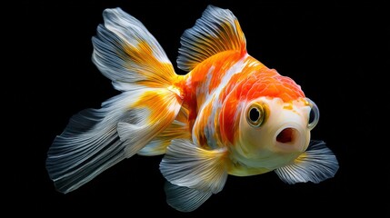 Poster - Vibrant Goldfish Swimming Floating Against Deep Black Background with Detailed Fins and Bright Coloration in a Close-Up Shot