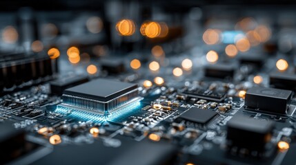 Poster - Close-up of a modern computer motherboard with electronic components and microchips illuminated with blue lighting, detailed technology hardware background