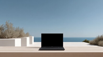 Aufkleber - Modern black laptop on wooden table outdoors with clear blue sky ocean view in the distance, natural sunlight, minimalistic scenic background