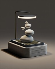 Poster - Modern table lamp with a sleek black arm and a unique light that illuminates a zen stone arrangement on a square base, ambient lighting