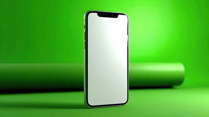 Aufkleber - Modern smartphone with blank screen standing upright on a green background with a cylindrical object behind it for technology and communication concept