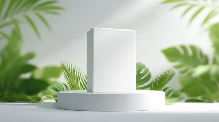 Poster - Minimalist white blank rectangular product display stand with a round base in front of lush green tropical leaves and natural light for advertising