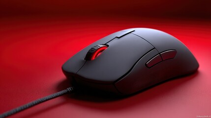 Aufkleber - Close-up of a modern wired computer gaming mouse with ergonomic design and customizable buttons on a vibrant red background