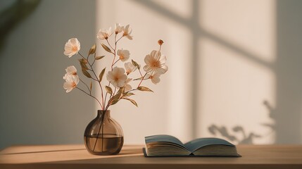 Poster - Elegant glass vase filled with delicate light-colored flowers on a wooden surface beside an open book with a shadowed wall background illuminated by sunlight