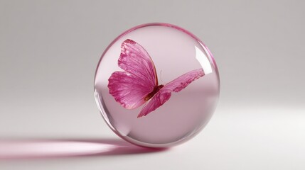 Aufkleber - Translucent glass sphere with delicate pink butterfly inside on a smooth neutral background with soft shadow and natural lighting