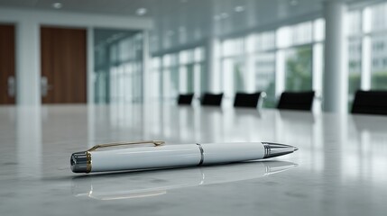 Aufkleber - Modern sleek silver ballpoint pen with gold clip resting on polished conference table inside bright corporate office with large