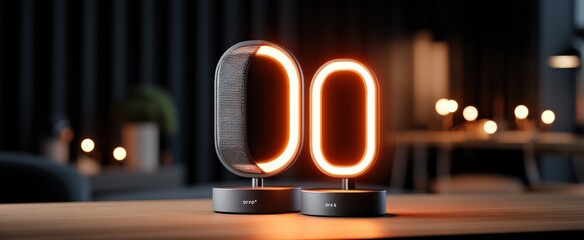Poster - Modern sleek digital clock with illuminated LED display and wireless charging station on a contemporary desk with warm ambient lighting