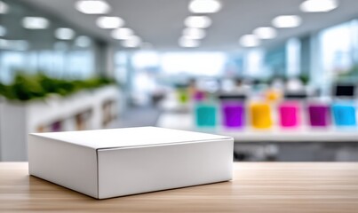 Aufkleber - Clean blank white cardboard box on wooden desk in modern office with blurred background of colorful folders and office furniture